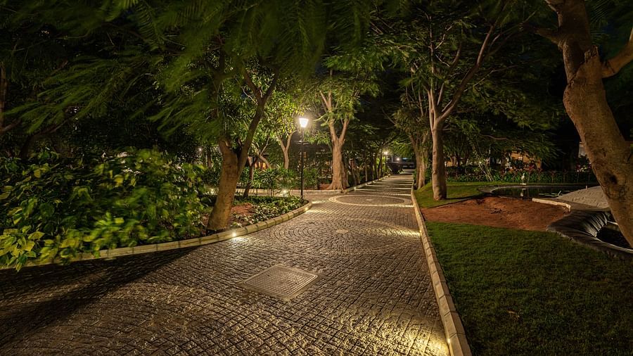 image of the stone pathway illuminated with warm lighting - Darza Resorts