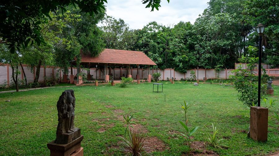 A large patch of land covered by grass and trees with a resting area