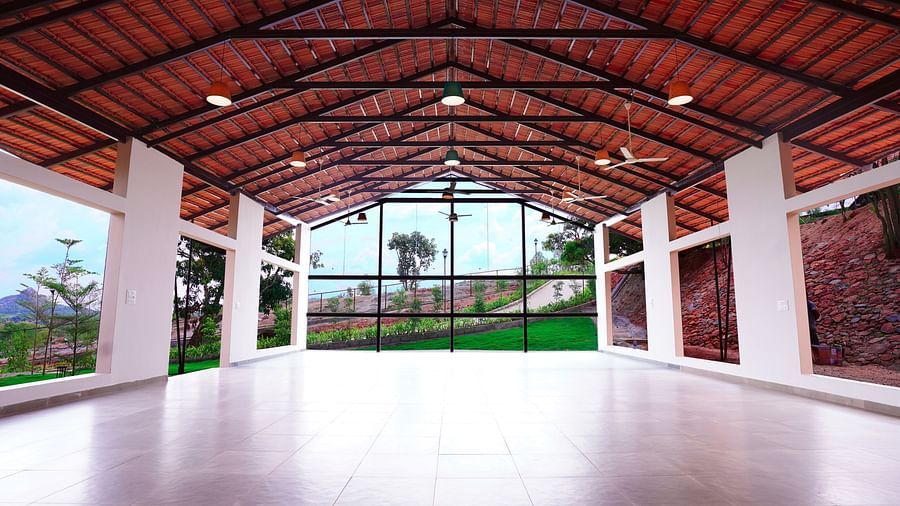 The white interiors and brown roof of our banquet hall near Bangalore - Ravishing Retreat, Harisandra