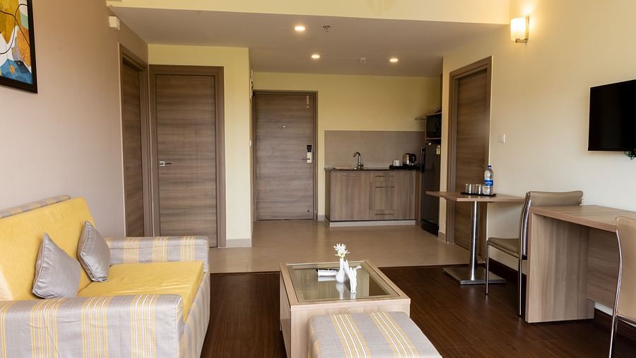 Overview of the living area inside Premium Two Bedroom Suite - Starlit Suites, Tirupati