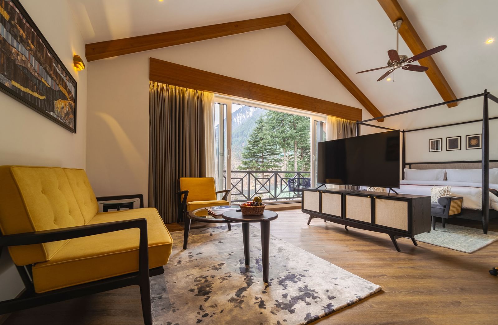 Spacious suite with mountain views and elegant interiors at Nivasana Manali.