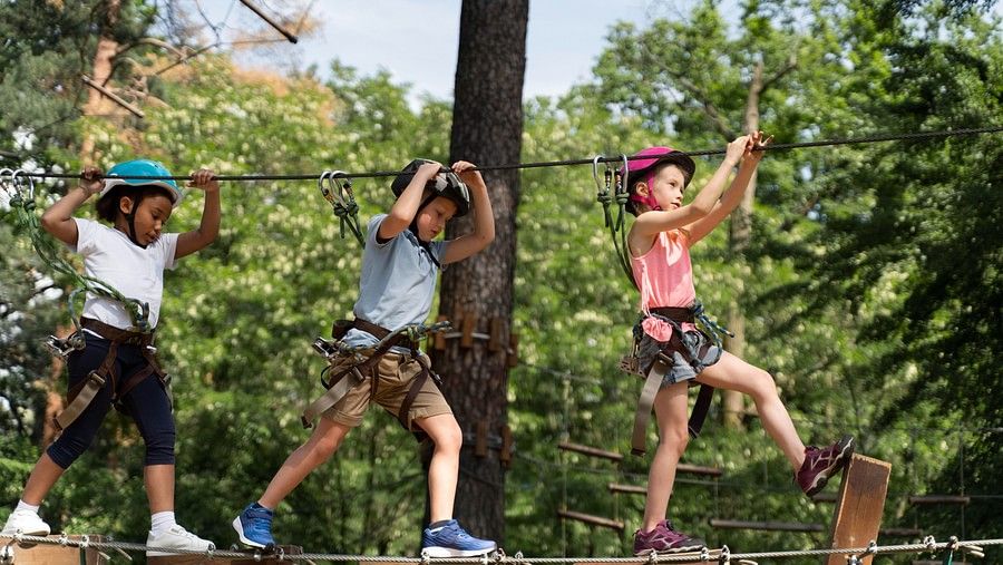 Kids walking on the zipline and having fun