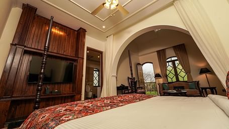 Bedroom at INFINITEA Dak Bungalow, Palampur with a double bed and a television