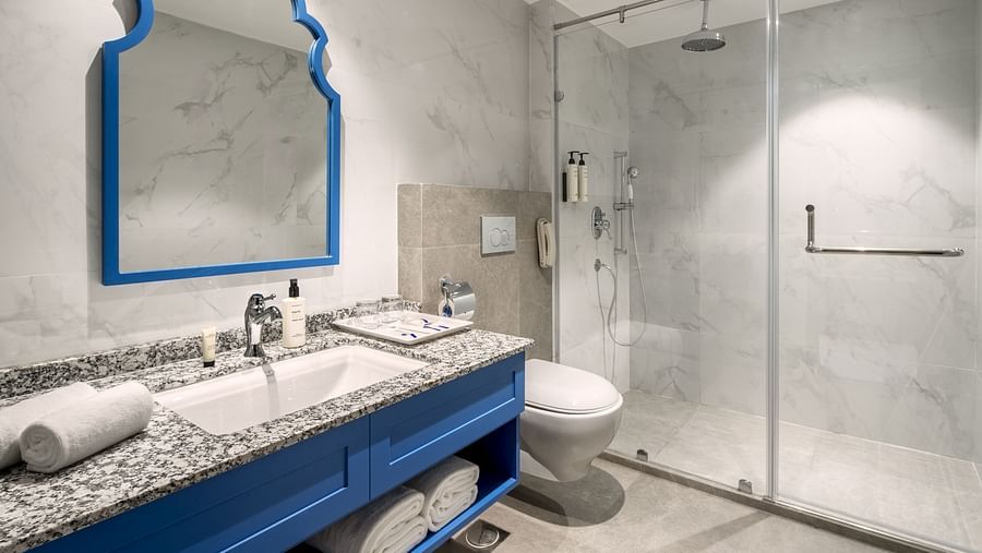 A bathroom image highlighting a separate shower space, a large mirror on the wall, a sink, and a bathroom phone attached to the wall - MJ Sarovar Portico, Haridwar