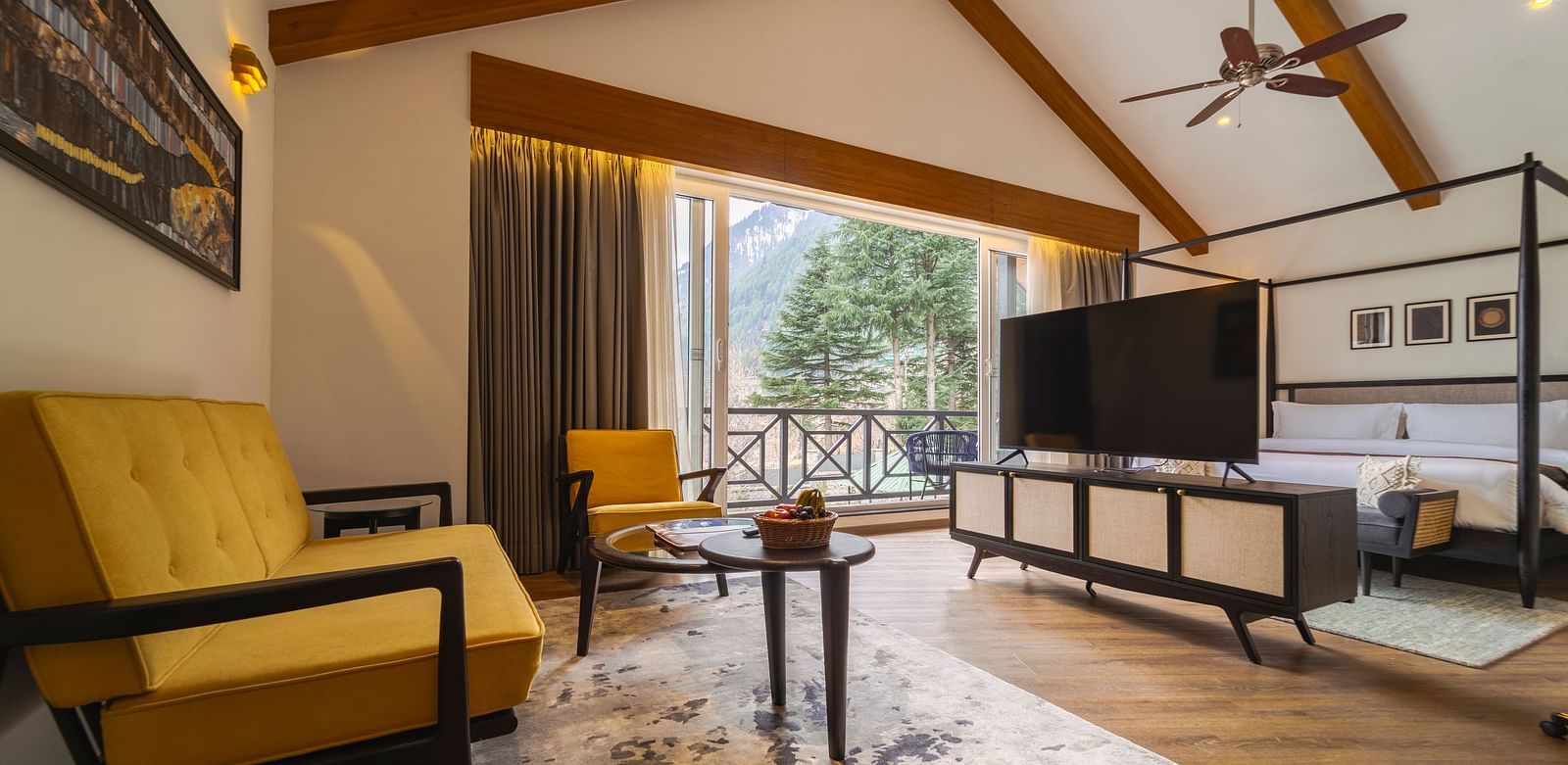Spacious suite with mountain views and elegant interiors at Nivasana Manali.