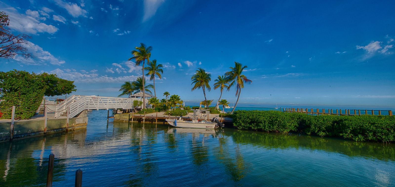 Waterfront view at Casa Morada with palm trees, calm waters, and a small structure on the shore.