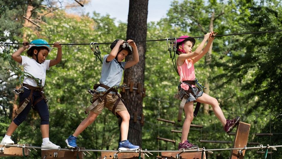 Kids walking on the zipline and having fun