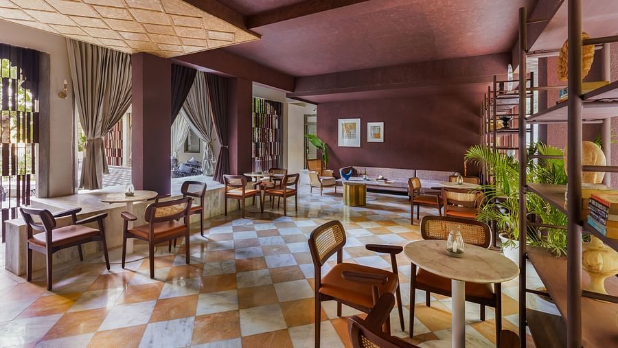 Seating arrangements inside a To Be Discussed Cafe at Manuscript - Jhilwara Haveli, Udaipur
