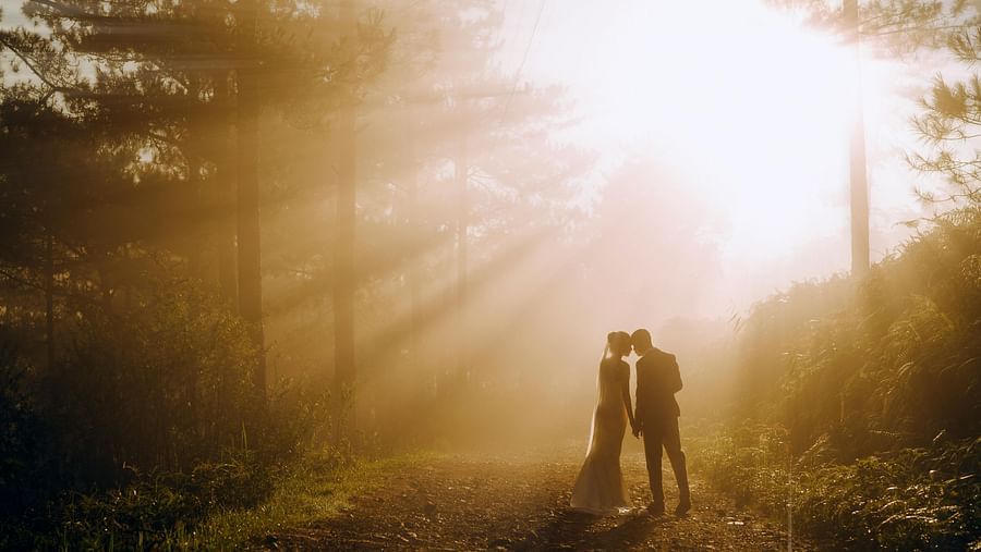 A silhouette of a couple posing against a backlit forest - Narrow Gauge Inn - A Serenite Hotel Near Fish Camp.