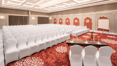 A theatre style seating arrangement of our Banquet Hall in Haridwar adorned with great decor - MJ Sarovar Portico, Haridwar