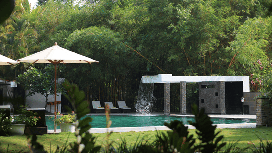 Poolside area at Amanvana Spa Resort - A Luxury Resort in Coorg featuring loungers, umbrellas, bamboo trees, and a waterfall feature.
