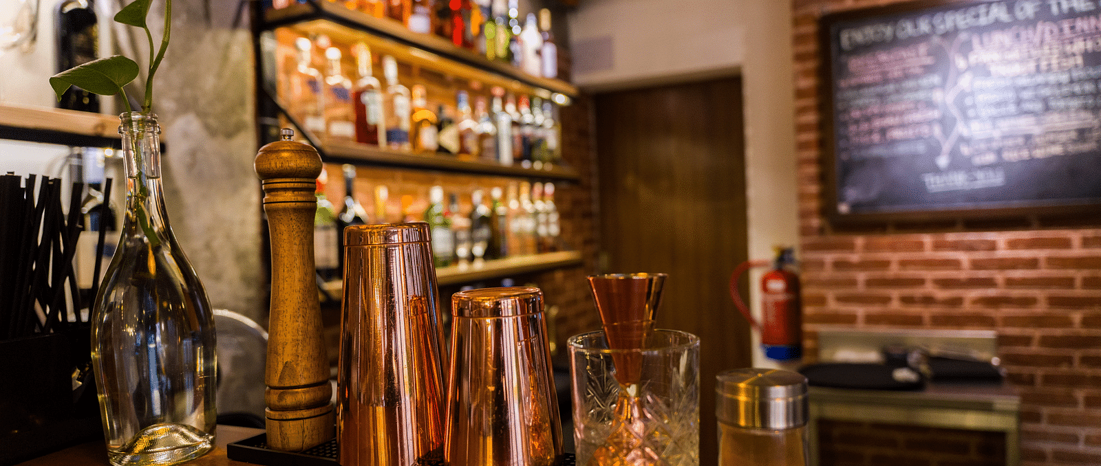 The counter at the community bistro at The Nanee is adorned with antique items used as decorations.