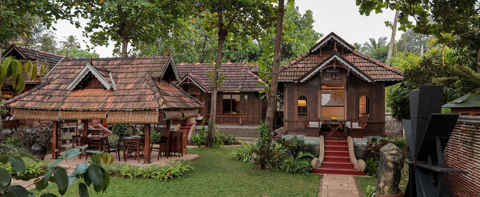 Exterior view of accommodations at Samiira on Ashtamudi Lake.