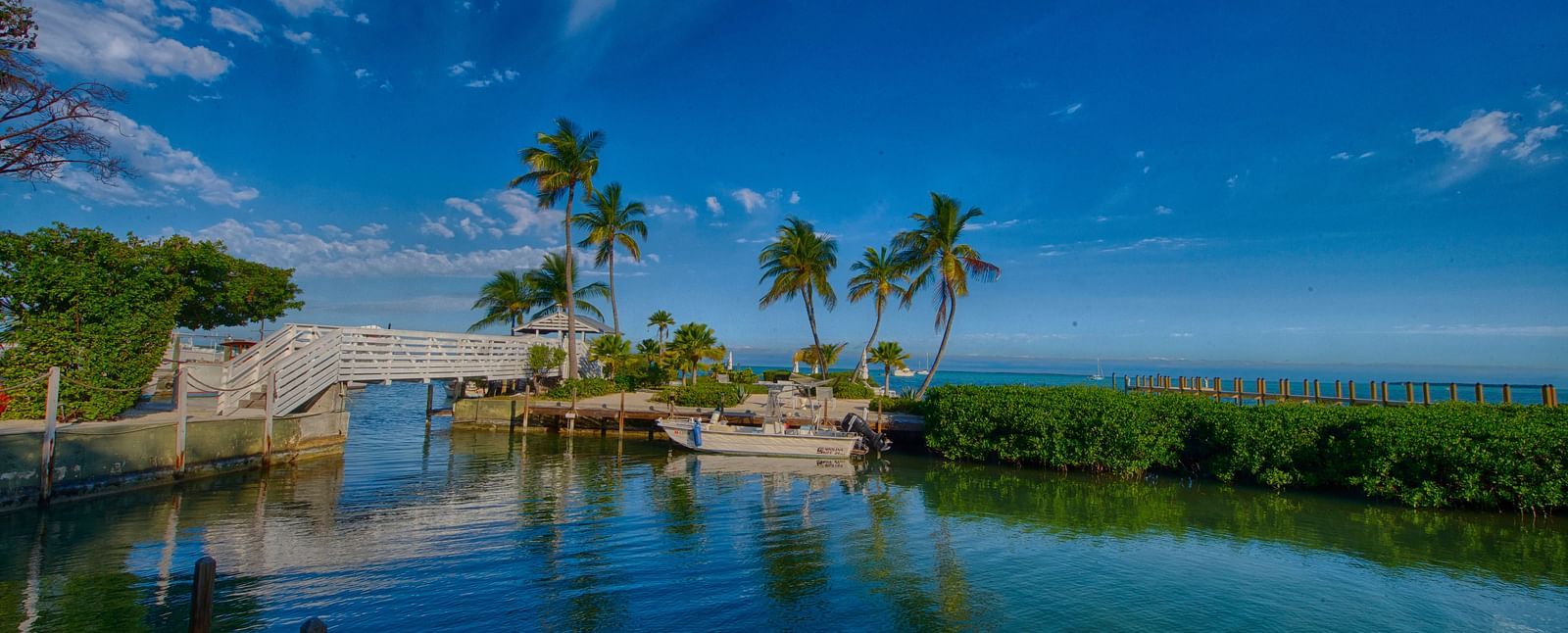 Waterfront view at Casa Morada with palm trees, calm waters, and a small structure on the shore.