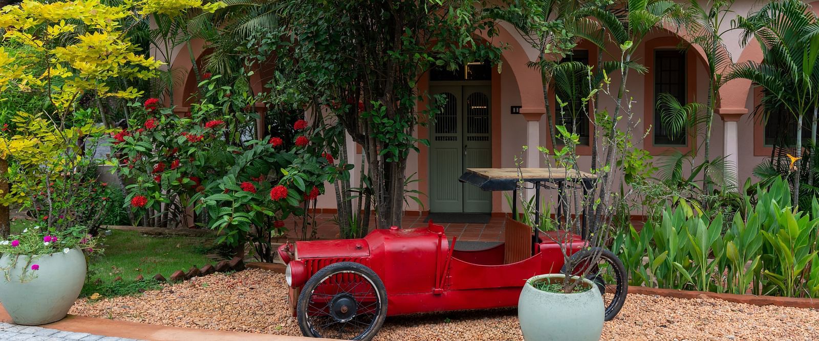 Interior of a Resort property with a lawn cart parked.