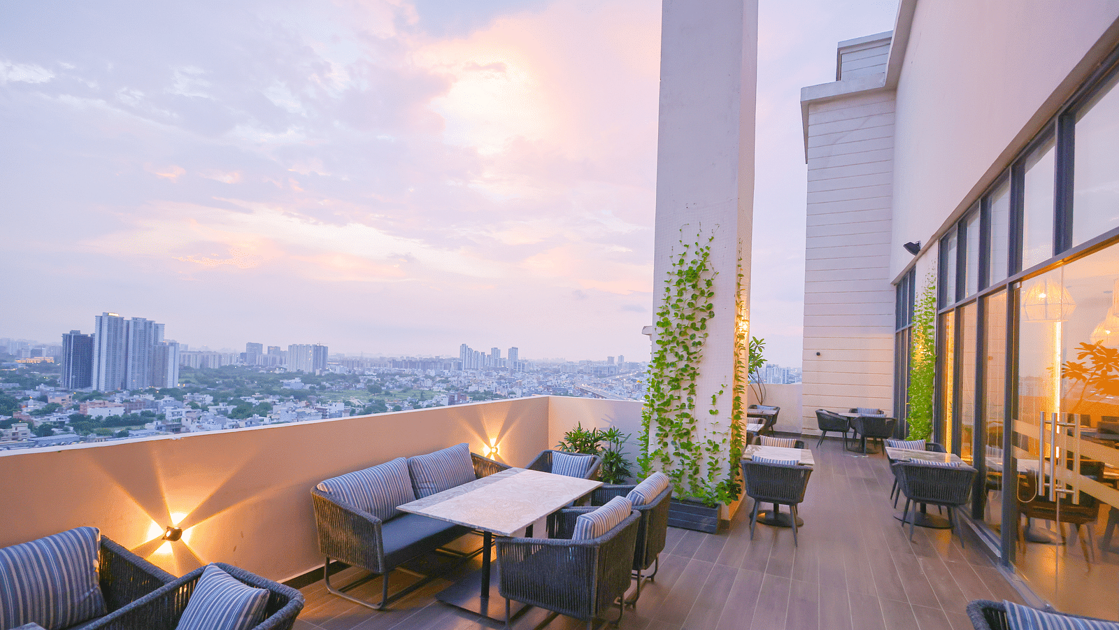 An overview of the al-fresco seating arrangement at SKY Club - Rhythm Gurugram