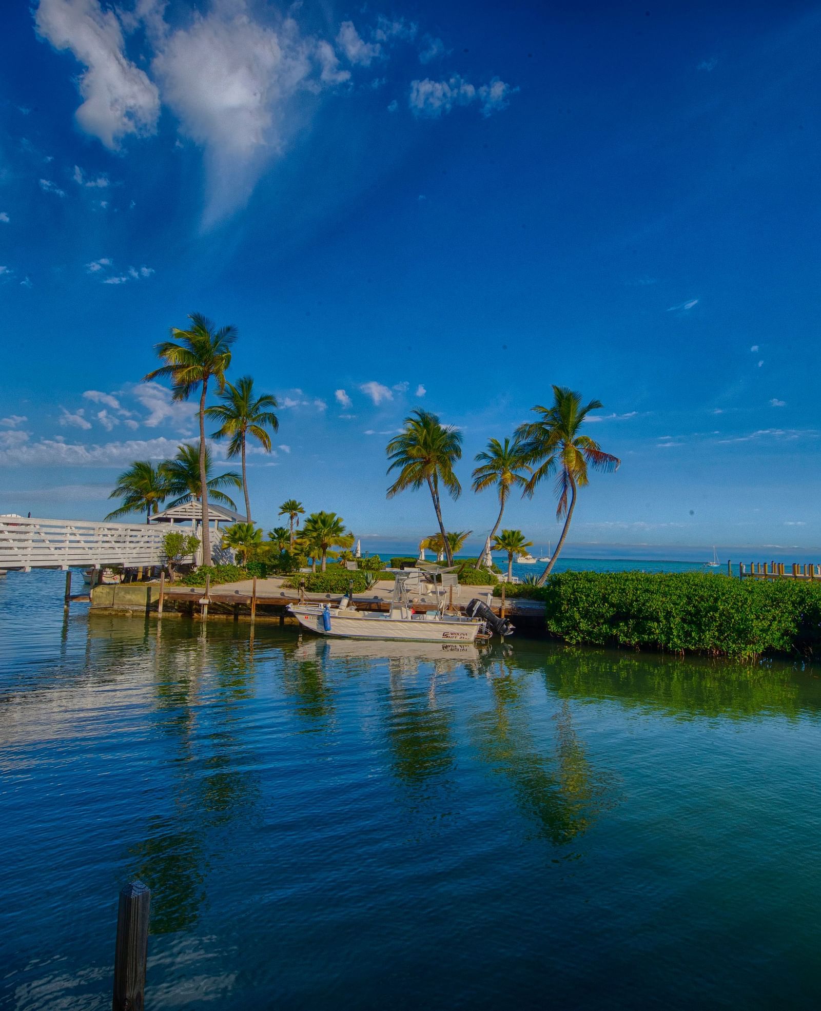 Waterfront view at Casa Morada with palm trees, calm waters, and a small structure on the shore.