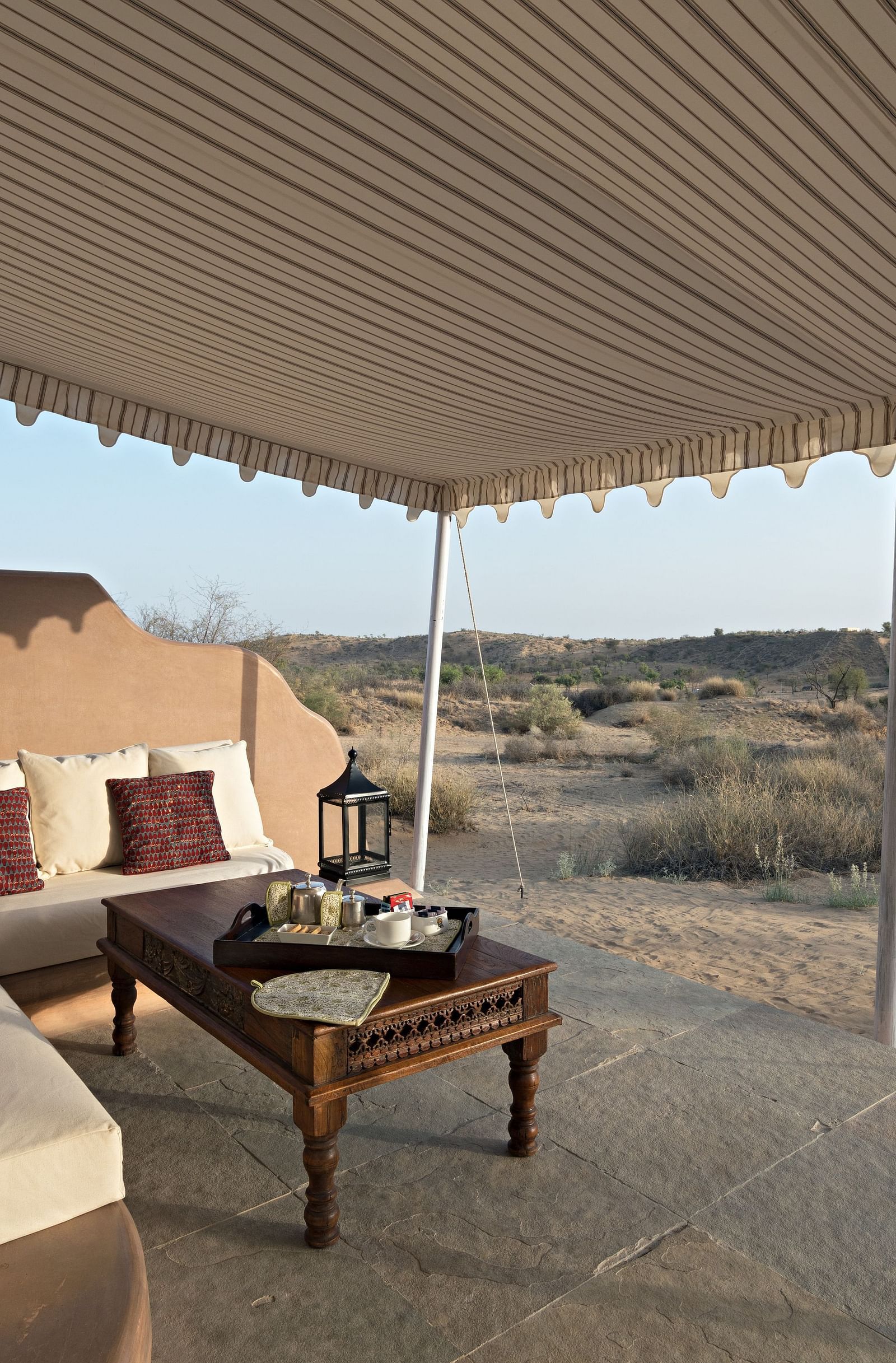 Sit-out area of the luxury tents at Manvar Resort and Desert Camp