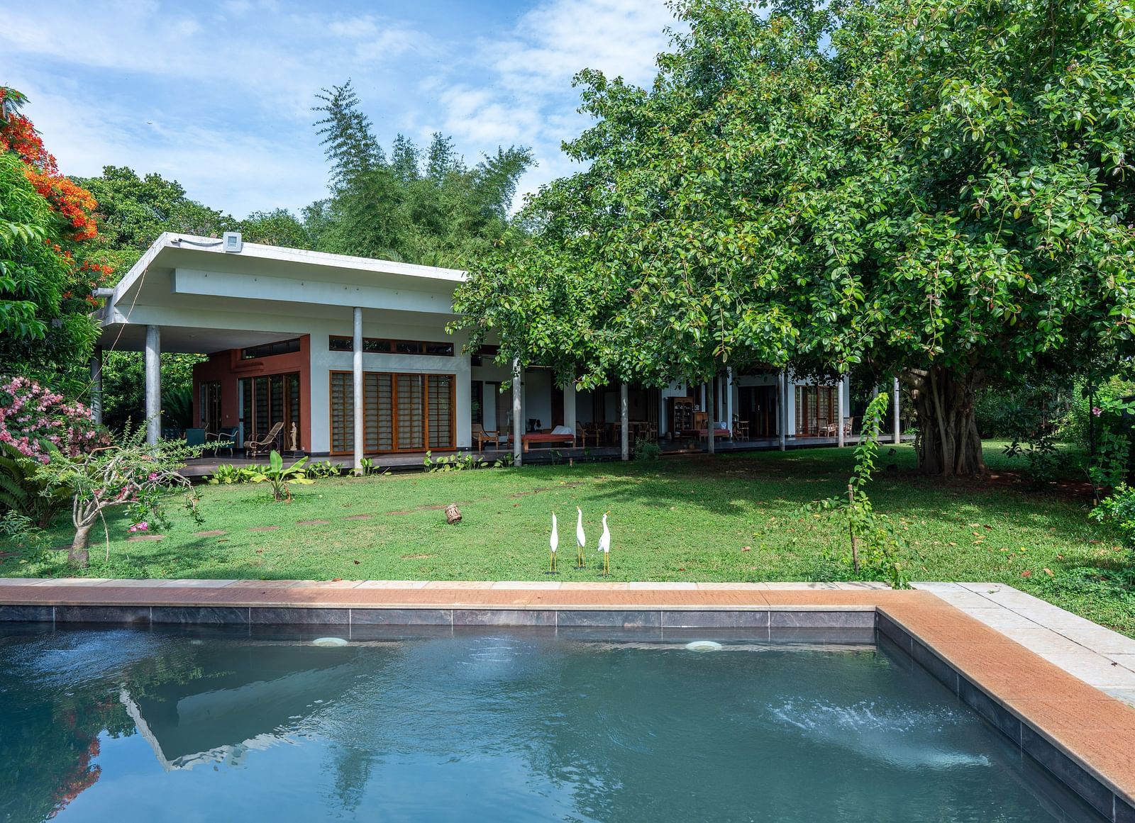 Villa Lawn surrounded by trees - Cozy sit-out area alongside the private pool, perfect for relaxation.