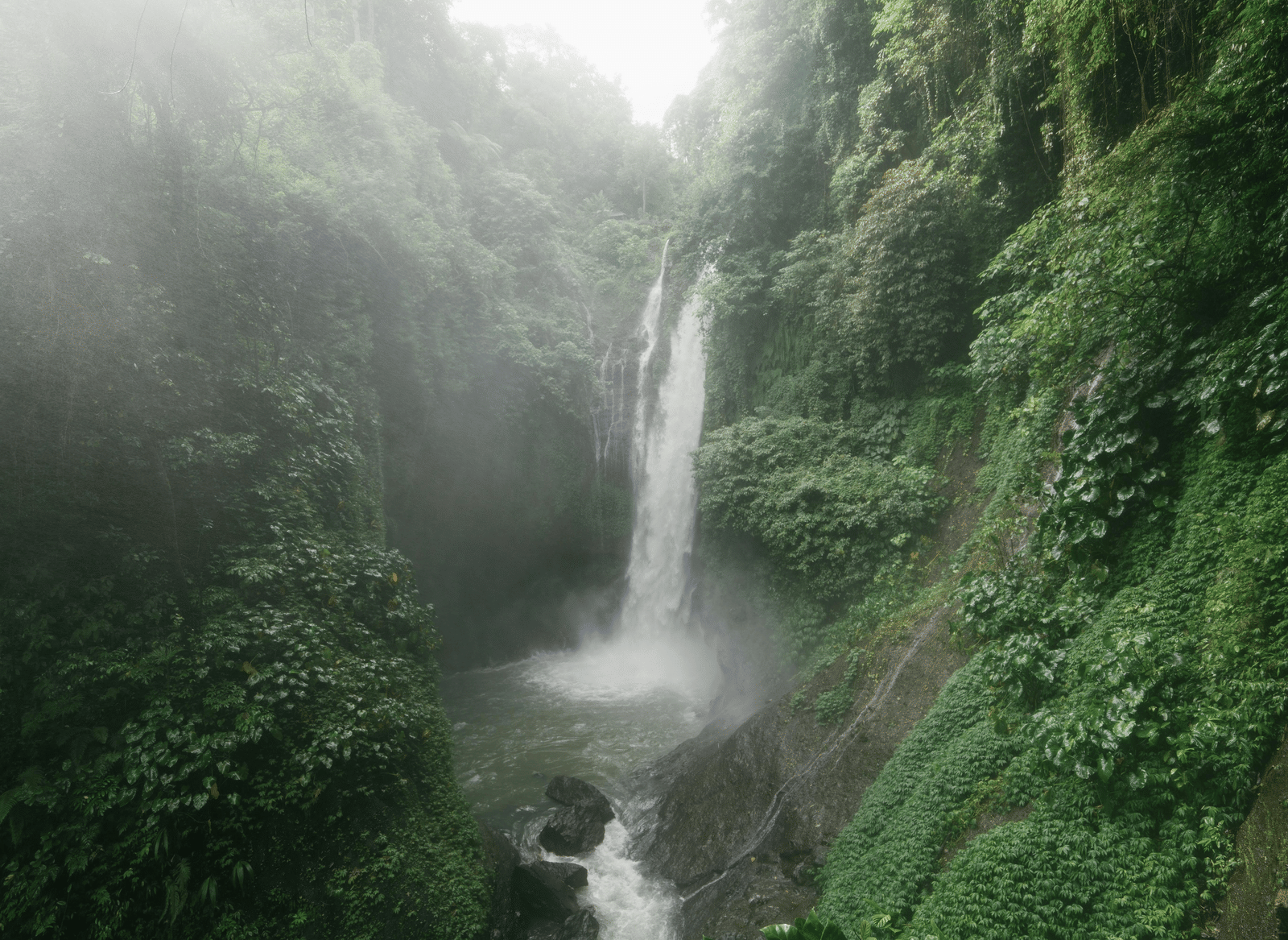 A waterfall cascading down a rock face into a pool, surrounded by dense green foliage and mist