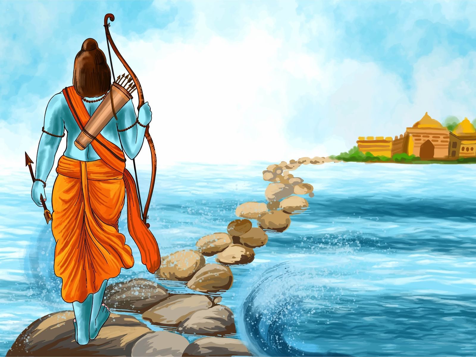 Illustration of Lord Rama standing near a body of water, holding a bow, with stepping stones leading towards a village.