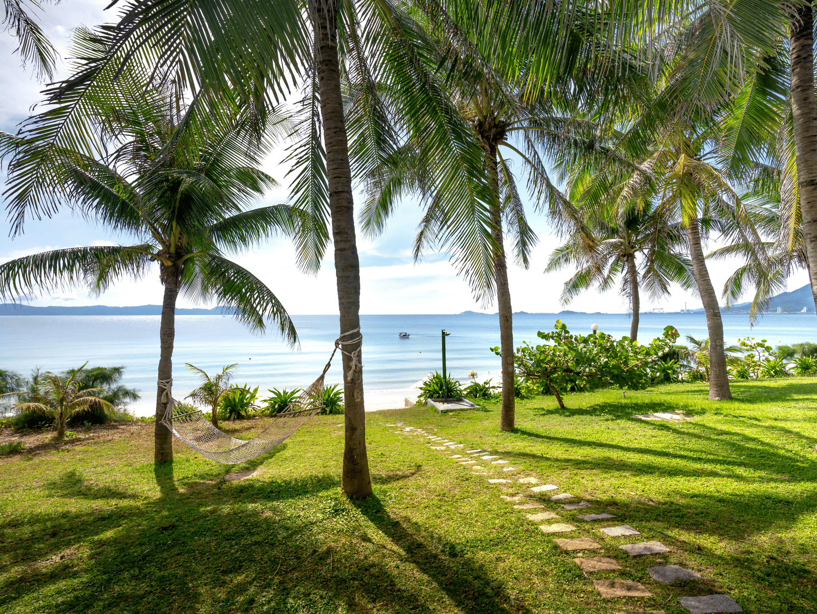 Lush seaside garden with tall palm trees and a stone pathway overlooking the ocean.