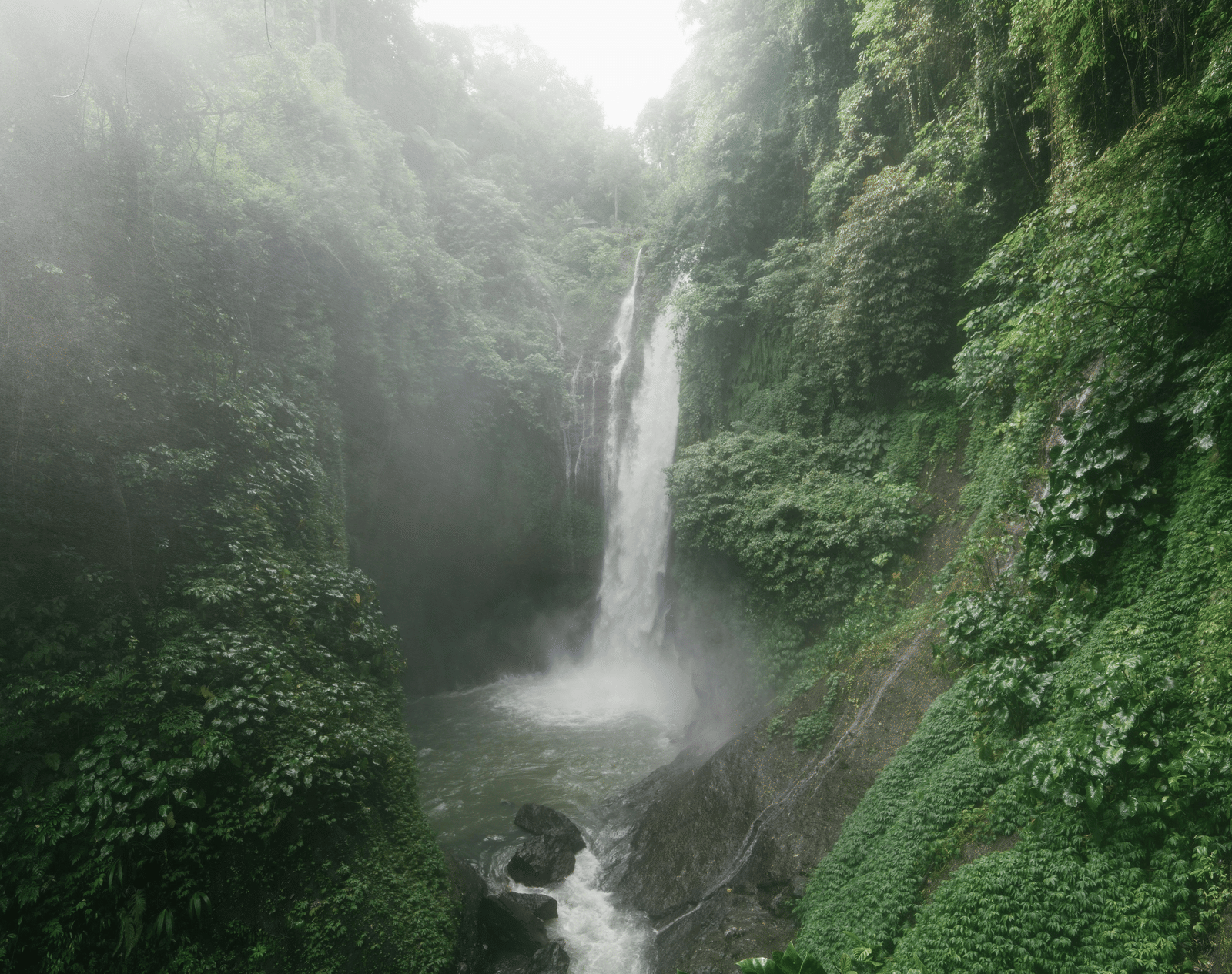 A waterfall cascading down a rock face into a pool, surrounded by dense green foliage and mist