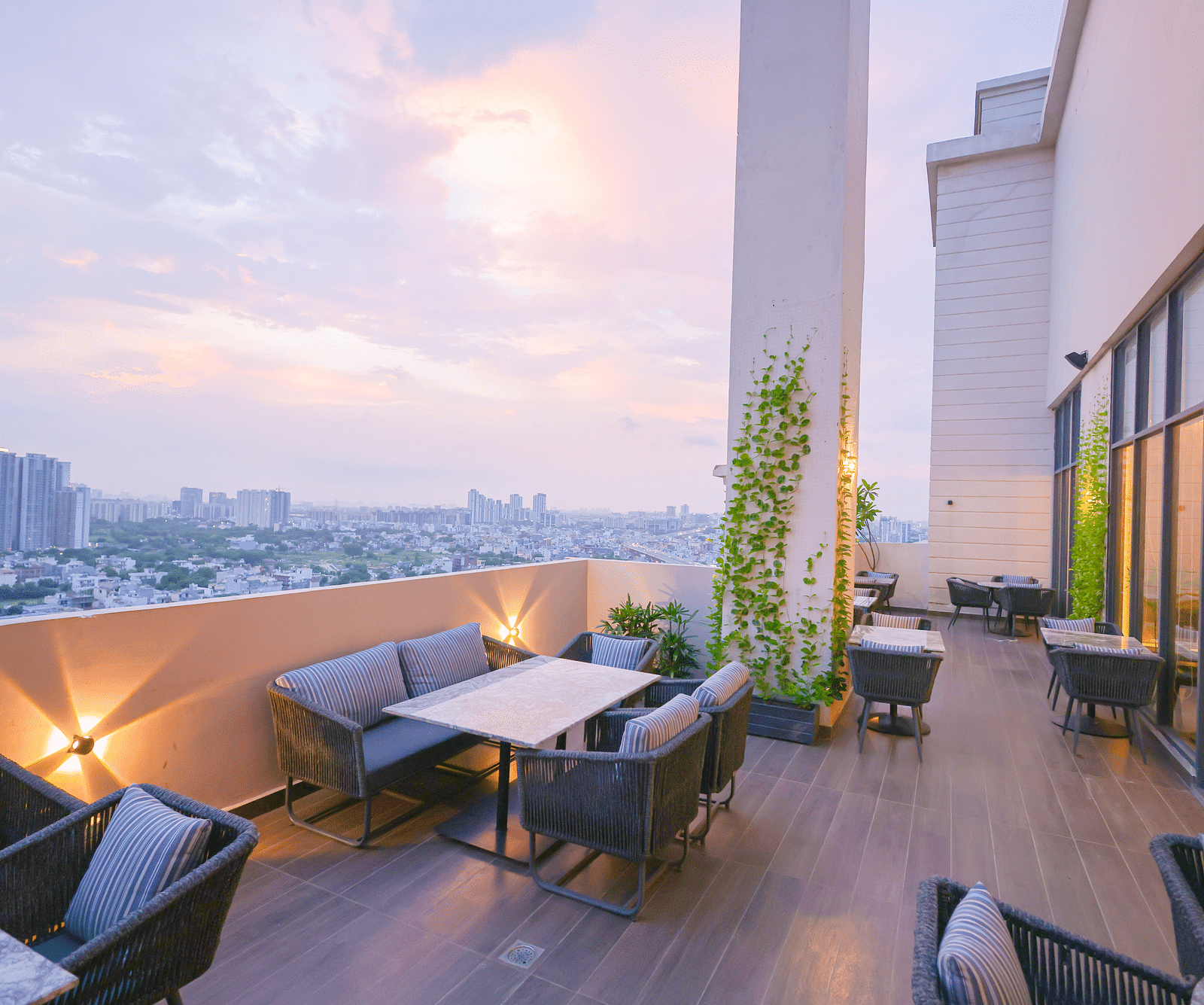 An overview of the al-fresco seating arrangement at SKY Club - Rhythm Gurugram
