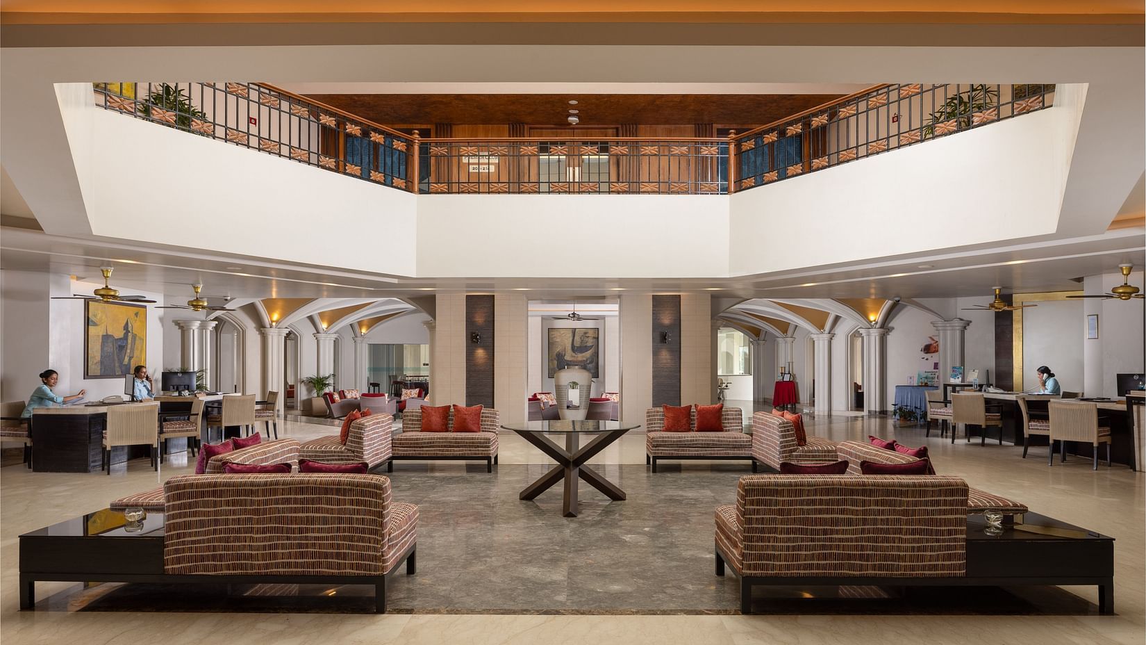 image of an expansive lobby at kenilworth resort and spa in goa with modern interiors 