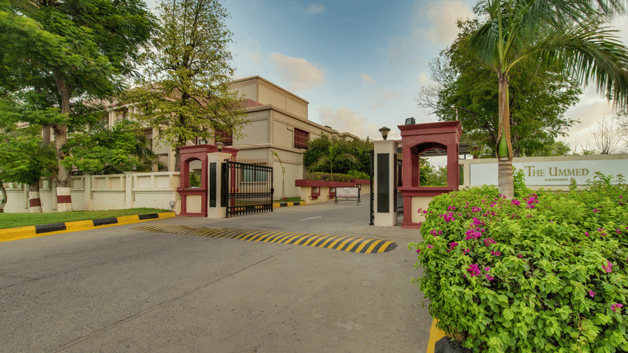 The Ummed Ahmedabad low rise luxury hotel surrounded by landscaped gardens