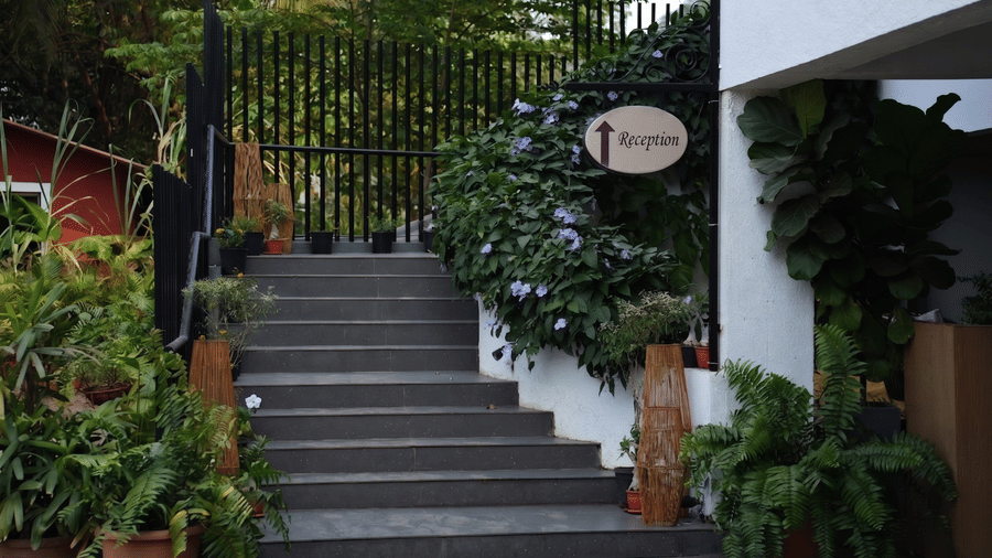 Outdoor staircase leads to a gated entrance with potted plants, a property sign, and lush green foliage at Bougainvillea, Alibaug.