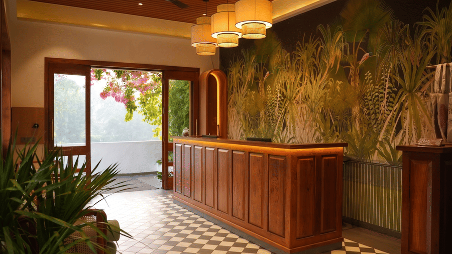 A wooden reception desk sits before a tropical wallpaper, chequered floor, indoor plants at Bougainvillea, Alibaug.