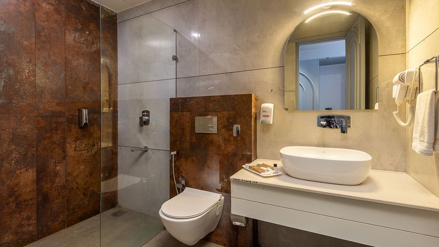 Bathroom of Spring Suite at DLS Spring Valley Resort Dharamshala featuring a sink and toilet with mirror