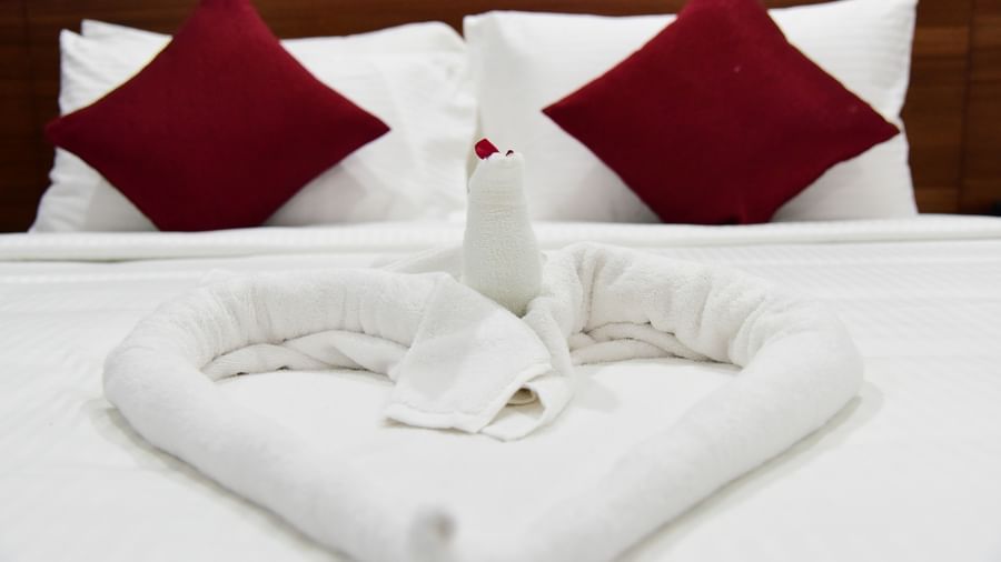 A spacious studio room at The Royal Comfort, showcasing a well-appointed king-sized bed with white linens and dark red accent pillows.