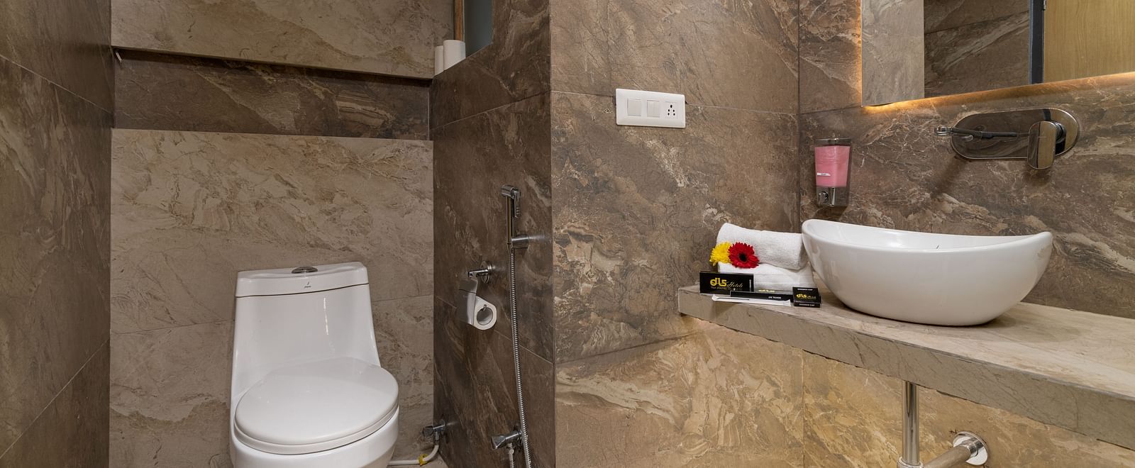 An image of a washroom in the deluxe room showcasing the toilet seat, wash area and wall mounted mirror - DLS Ganga Bliss, Haridwar