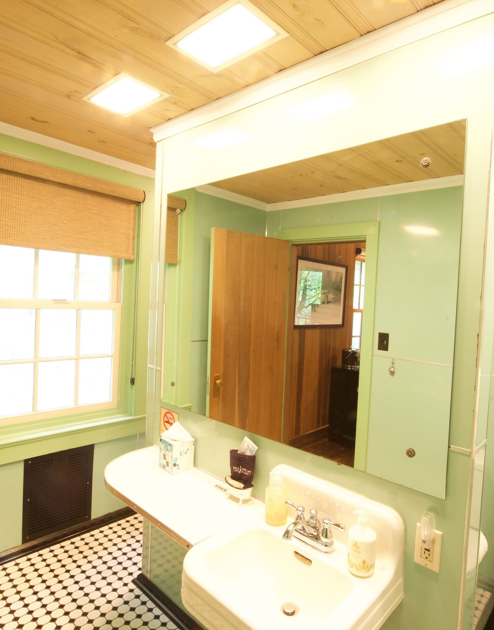 full view image of a bathroom featuring a wash basin with a wide mirror and a commode beside it with pastel green colored walls - Historic Tapoco Lodge
