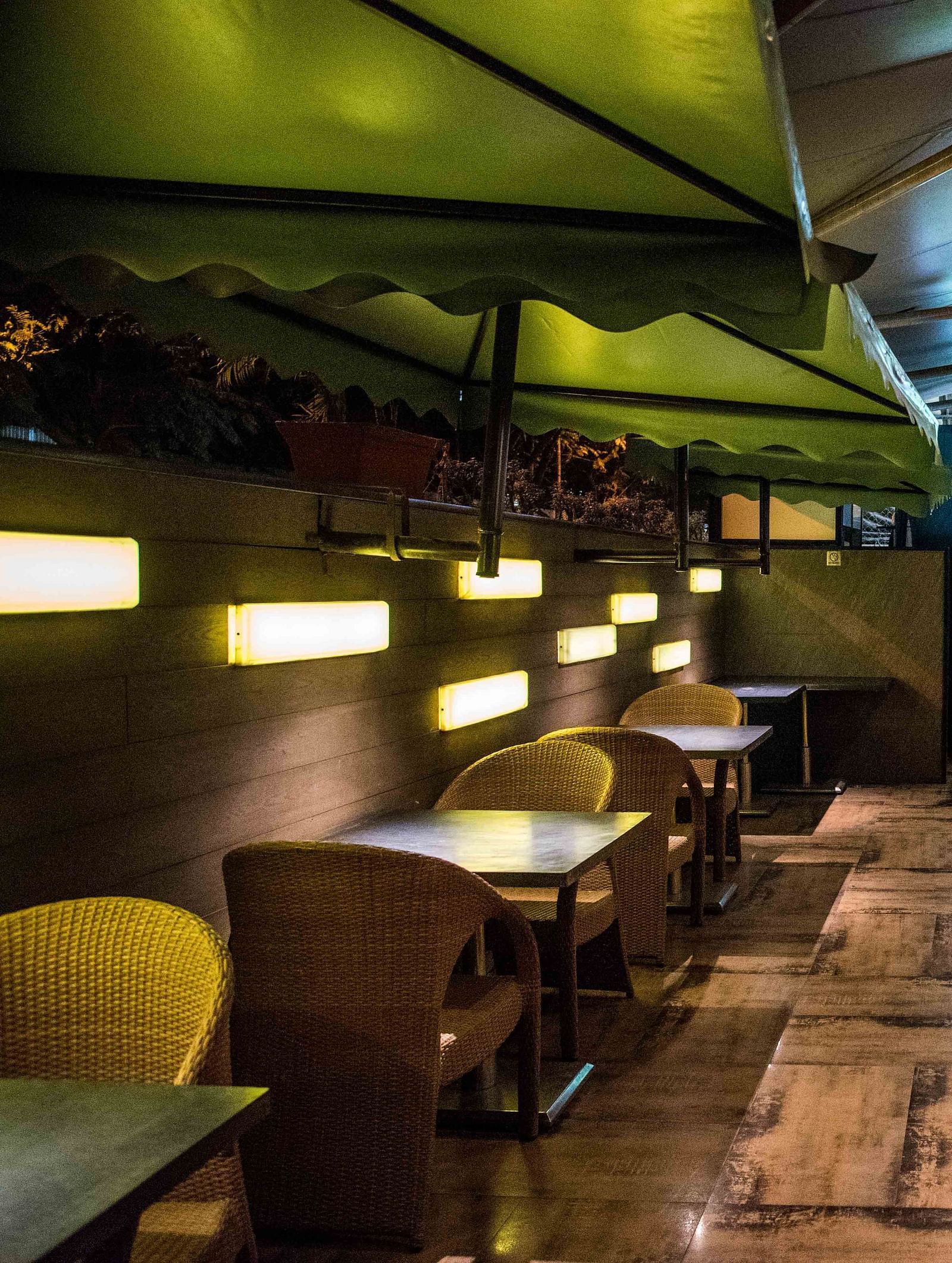 Modern restaurant featuring wooden chairs, tables, and a wall with plants hanging as decoration at Oriental Aster, Mumbai.