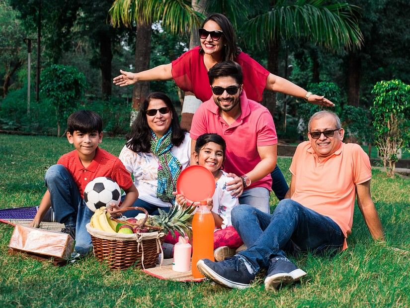 a family posing for the camera at a picnic 2