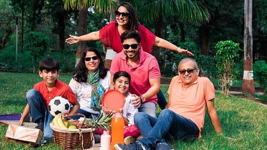 a family posing for the camera at a picnic 2