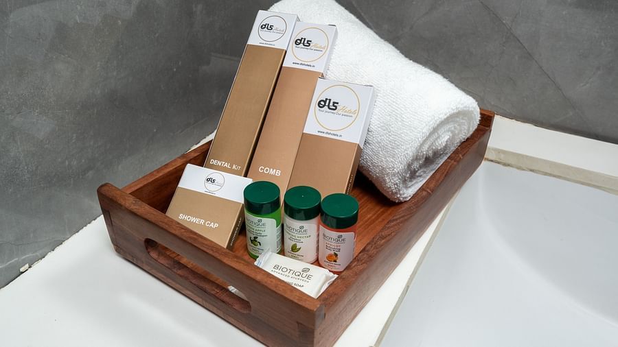 Toiletries neatly arranged in the bathroom at DLS Park Grace, Haridwar.