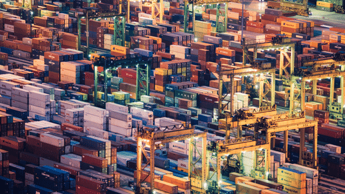 A shipping container inside a port