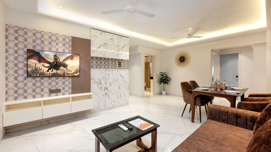 Elegant serviced apartment living room at Home2 Residency, Mumbai Airport
