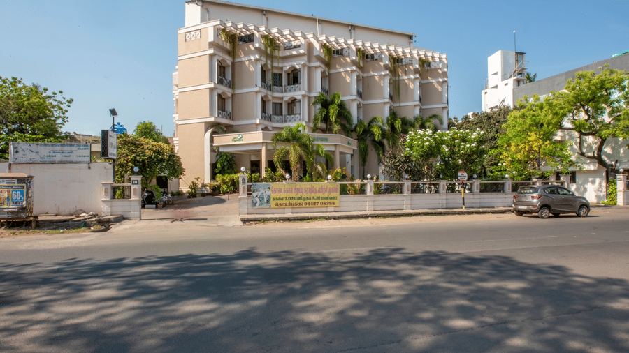 Exterior view of Jayaram Hotel, Pondicherry featuring the hotel building, entrance and surrounding streetscape.