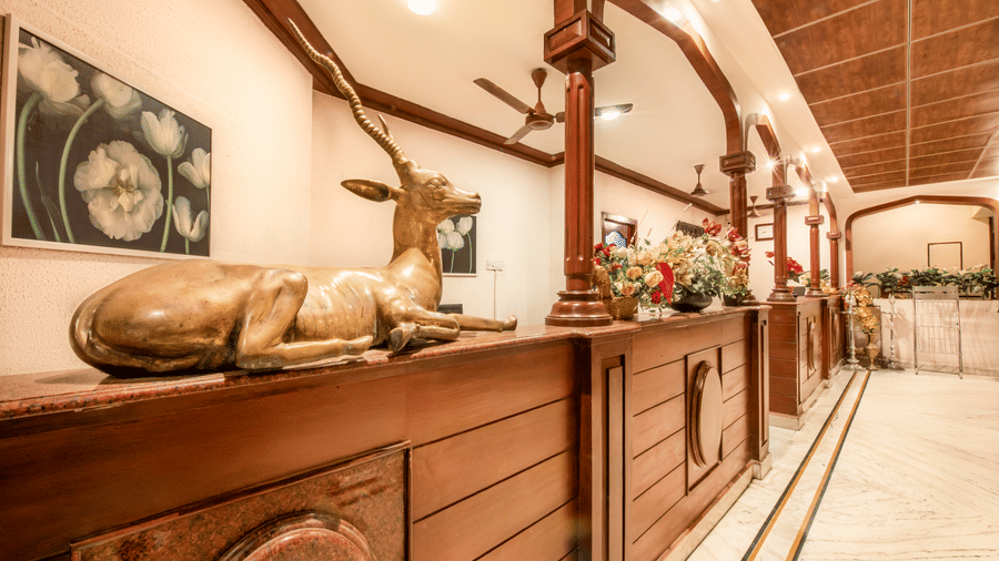 Stylish lobby interior at Jayaram Hotel, Pondicherry featuring elegant décor and welcoming common spaces for guests.