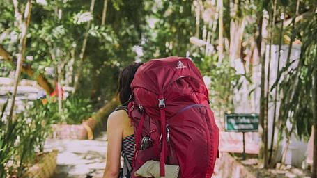 a girl carrying a large bag walking on a street with trees on either side
