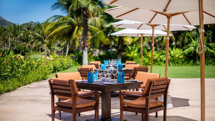 A coastal outdoor dining space with wooden furniture, white sunshades, amidst palm trees and tropical foliage - Alibu Resorts Nha Trang