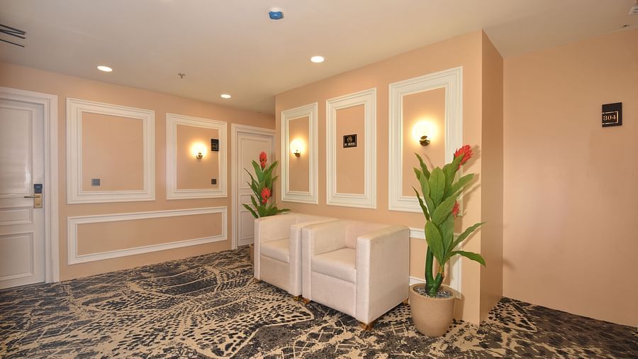 A clean, modern hallway with light-coloured walls, large mirrors, and potted plants adding a touch of greenery to the space.