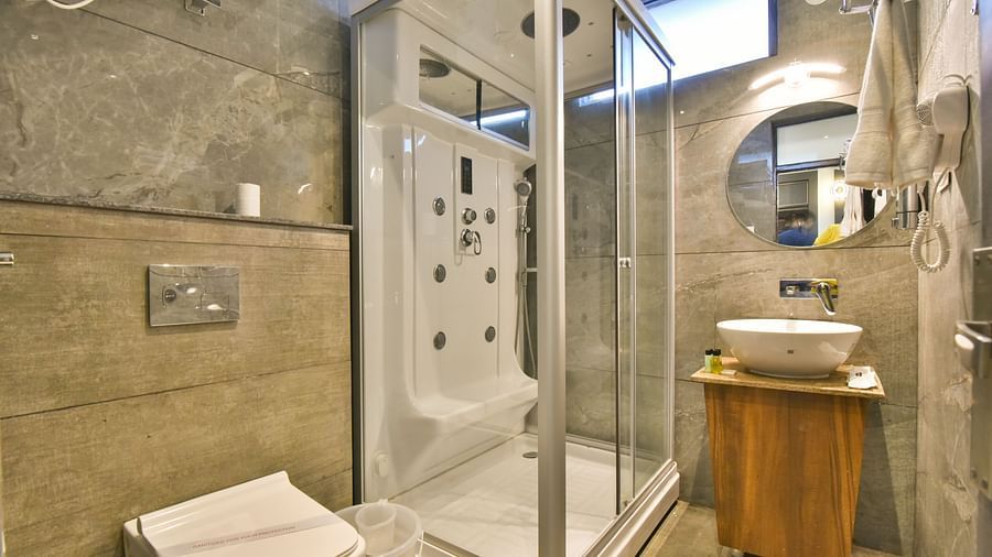 Luxury Room Washroom at DLS Dalhousie Valley Resort featuring a steam bath, sink area  and a toilet.