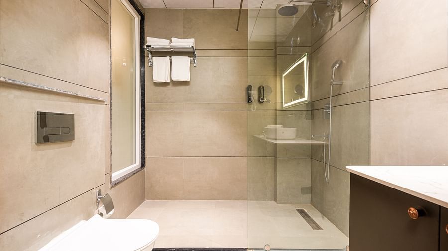 Bathroom of Premium Room at DLS Divine River Resort and  Spa featuring shower, sink area, mirror and a toilet.