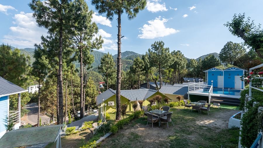Scenic hillside resort with pine trees, outdoor seating area, and blue-roofed cottages set against a backdrop of lush green mountains under a clear sky - DLS Nature Trinket Resort, Dalhousie.